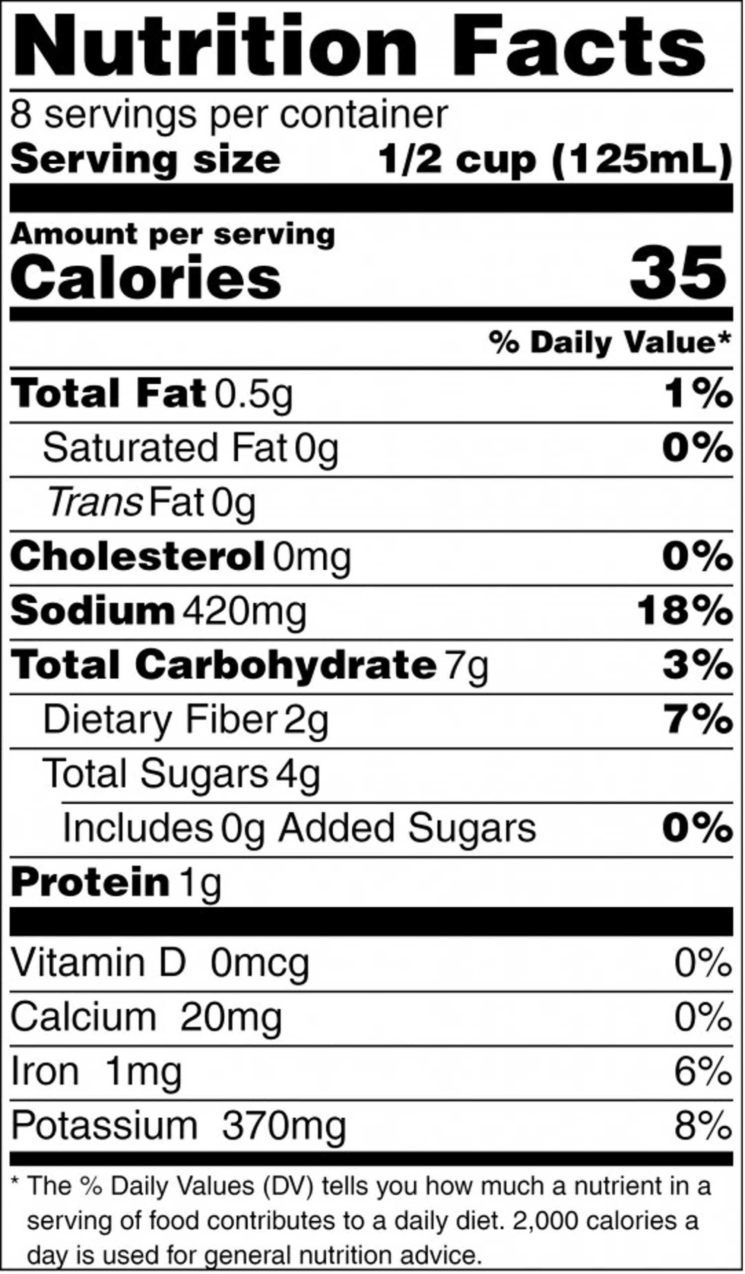 Basilico Nutrition Label