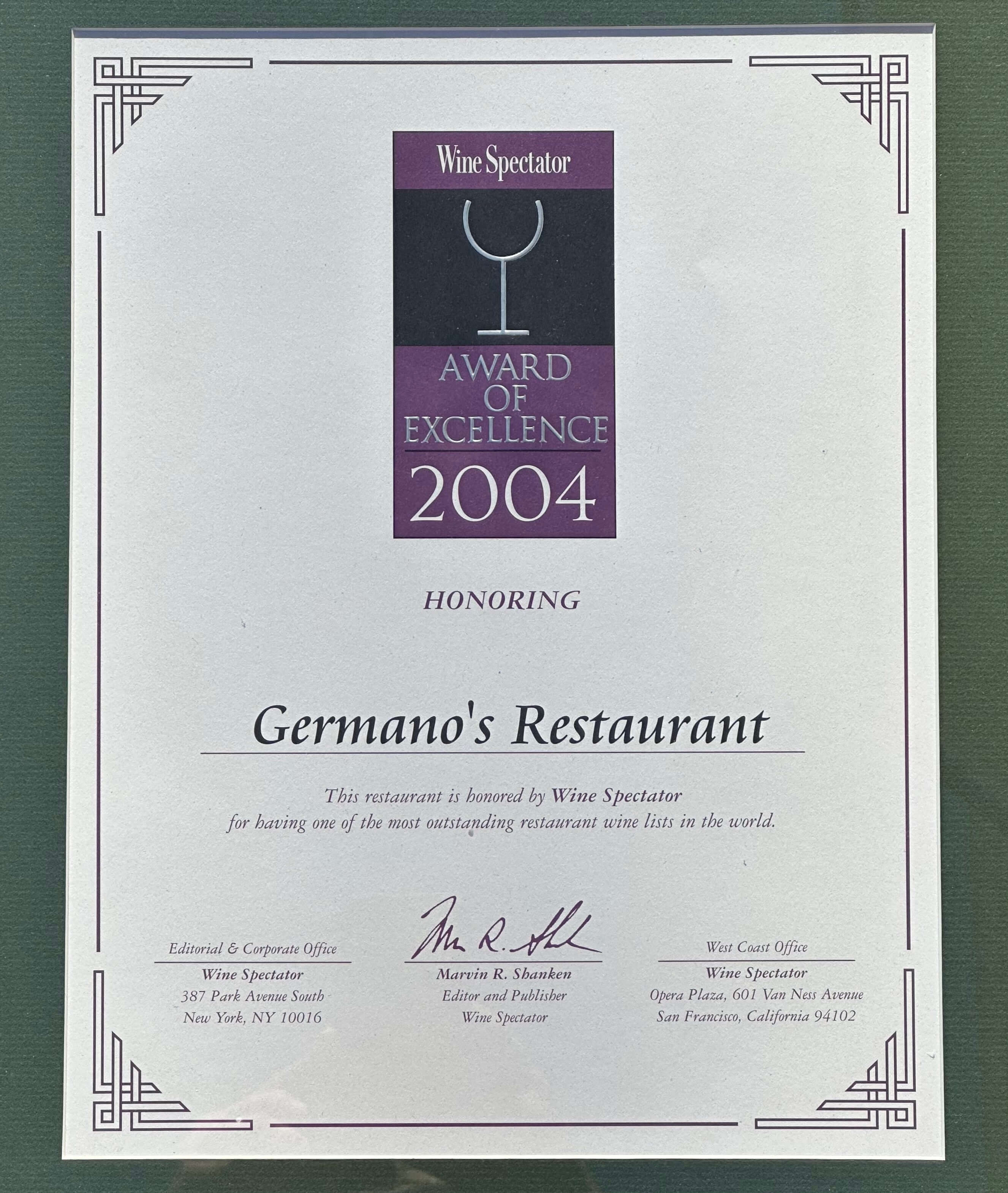 Germanos 2004 Wine Spectator Award of Excellence article