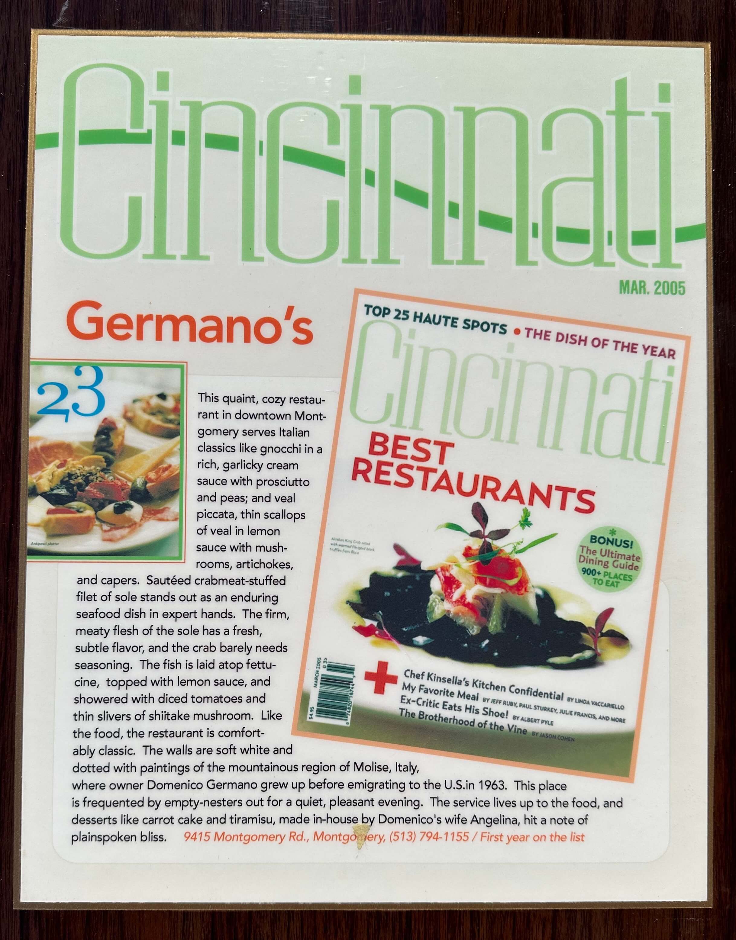 Germanos 2005 Cincinnati Magazine Top Restaurants article