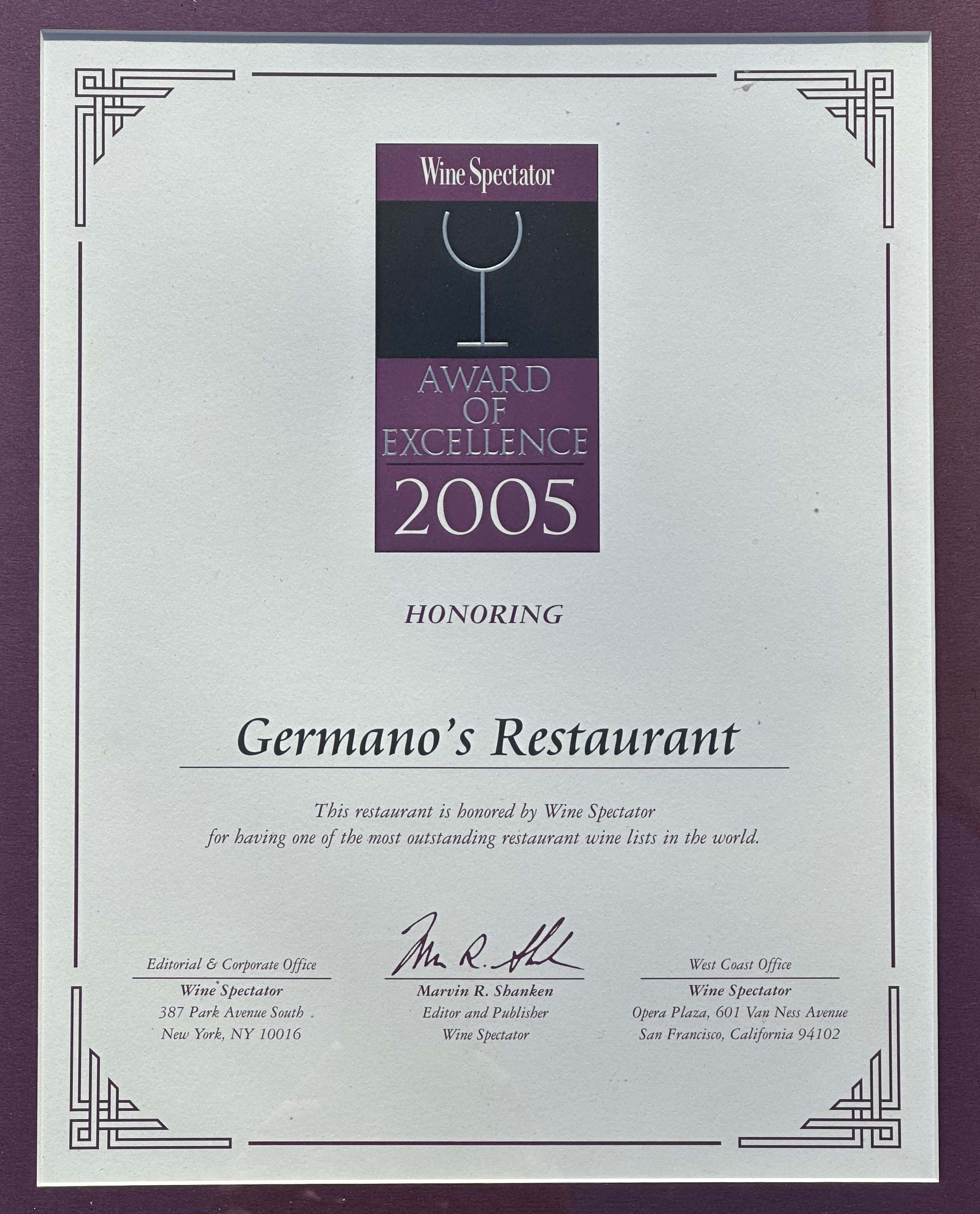 Germanos 2005 Wine Spectator Award of Excellence article